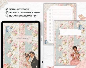 May include: Digital notebook with a Regency theme. The cover features a floral pattern with a couple in period attire. The text on the cover reads "NOTEBOOK". The image also includes a planner and a stack of books tied with a pink ribbon.