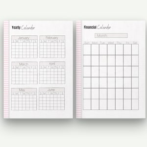 May include: A two-page spread from a planner. The left page features a yearly calendar with months from January to June. The right page is a financial calendar with a space for the month and a grid for daily entries. Pink striped borders.