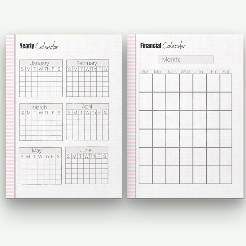 May include: A two-page spread from a planner. The left page features a yearly calendar with months from January to June. The right page is a financial calendar with a space for the month and a grid for daily entries. Pink striped borders.