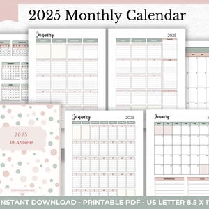 Puede incluir: Planificador de calendario mensual imprimible 2025 en tamaño US Letter (8,5 x 11 pulgadas). La portada presenta un patrón de lunares rosa y verde con el texto "2025 Planner". Las páginas del calendario son de estilo minimalista con un esquema de color gris claro y rosa.