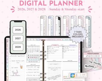 May include: An all-in-one digital planner for 2026, 2027, and 2028 with Sunday and Monday start options. The planner features seven colored tabs, a daily schedule, a meal plan, a to-do list, and a mood tracker with various icons and text.