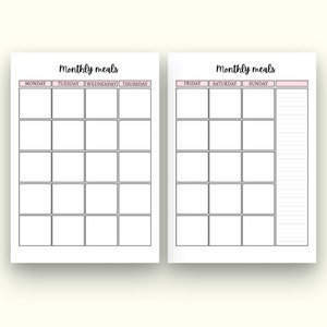 May include: Printable monthly meal planner with two pages. The first page has columns for Monday, Tuesday, Wednesday, and Thursday. The second page has columns for Friday, Saturday, and Sunday, with a notes section on the right.