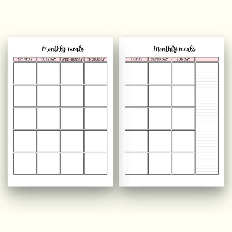May include: Printable monthly meal planner with two pages. The first page has columns for Monday, Tuesday, Wednesday, and Thursday. The second page has columns for Friday, Saturday, and Sunday, with a notes section on the right.