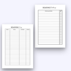 K&ouml;nnte beinhalten: Druckbarer Lesetagebuch und Herausforderungs-Tracker. Das Tagebuch hat Spalten f&uuml;r Datum, Titel, Autor und Seiten. Der Herausforderungs-Tracker hat eine Liste leerer Zeilen mit Kontrollk&auml;stchen.