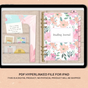 May include: A digital planner for an iPad with a floral design and pink and green colors. The planner has a tabbed divider with the words "Reading Journal" on the front cover.