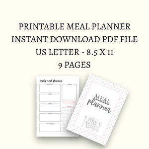 May include: Printable meal planner with 9 pages, featuring a daily meal planner page with sections for breakfast, lunch, dinner, snacks, fruits, and vegetables. The cover page features a grey and white polka dot pattern with the text "Meal planner" in pink and grey.