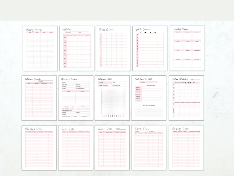 May include: A printable digital planner for Etsy shop owners. The planner includes sections for tracking daily tasks, social media analytics, finances, and more.