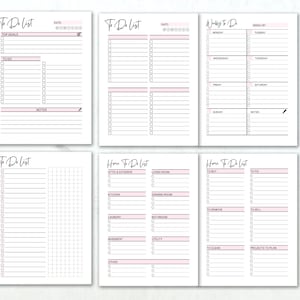 May include: A set of white to-do list notebooks with pink accents. The notebooks feature sections for daily, weekly, and home tasks, with headings like "Top Goals," "To Do," and "Notes." The text is in a handwritten style.