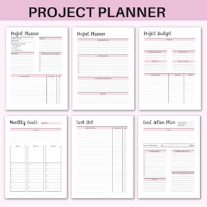 May include: A printable project planner with sections for project planning, budgeting, monthly goals, task lists, and goal action plans. The planner has a pink and black colour scheme.
