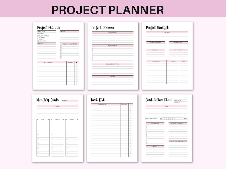 May include: A printable project planner with sections for project planning, budgeting, monthly goals, task lists, and goal action plans. The planner has a pink and black colour scheme.