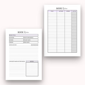 May include: A printable book review tracker with sections for book title, author, genre, pages, date published, start date, end date, book review, favourite parts of the book, and notes. The tracker also includes a section for rating books with five stars.