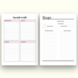 May include: Printable planner page with a black and white design. The left side has four sections labelled "Breakfast", "Lunch", "Dinner", and "Dessert". Each section has a pink heart icon and lines for writing. The right side has a section labelled "Recipe" with lines for writing the recipe name, prep time, ingredients, directions, recipe for, servings, and cook time.