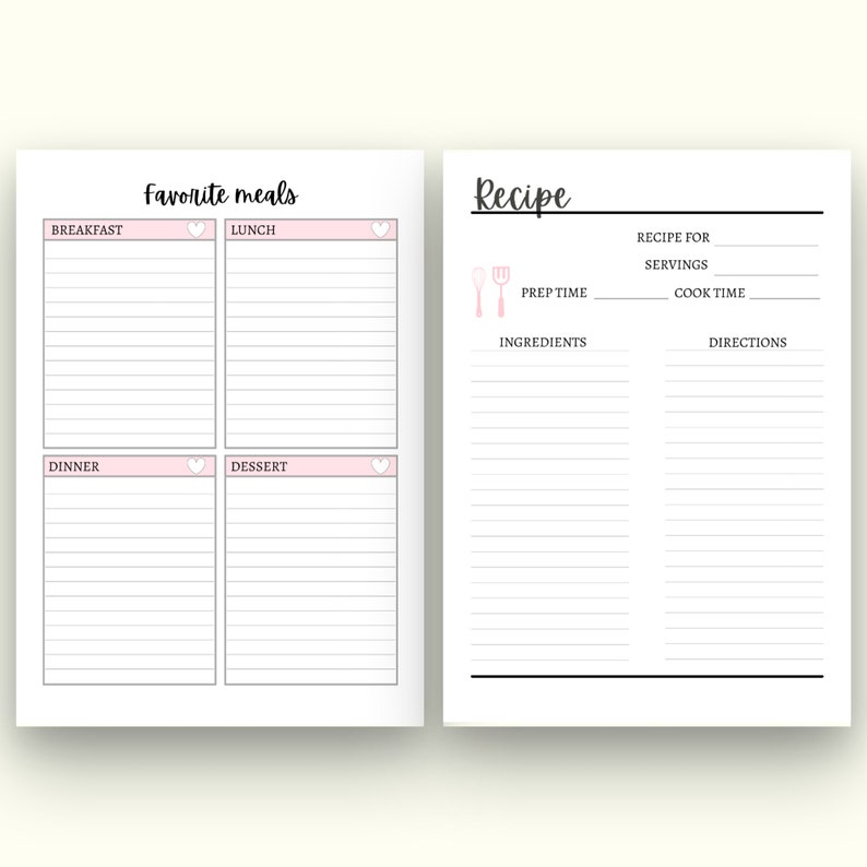 May include: Printable planner page with a black and white design. The left side has four sections labelled "Breakfast", "Lunch", "Dinner", and "Dessert". Each section has a pink heart icon and lines for writing. The right side has a section labelled "Recipe" with lines for writing the recipe name, prep time, ingredients, directions, recipe for, servings, and cook time.