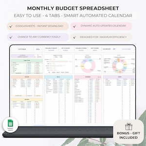 May include: A digital monthly budget spreadsheet displayed on a laptop screen. The spreadsheet includes sections for income, expenses, and savings, with the text "MONTHLY BUDGET SPREADSHEET" at the top. The spreadsheet is designed for Google Sheets and includes a bonus gift.