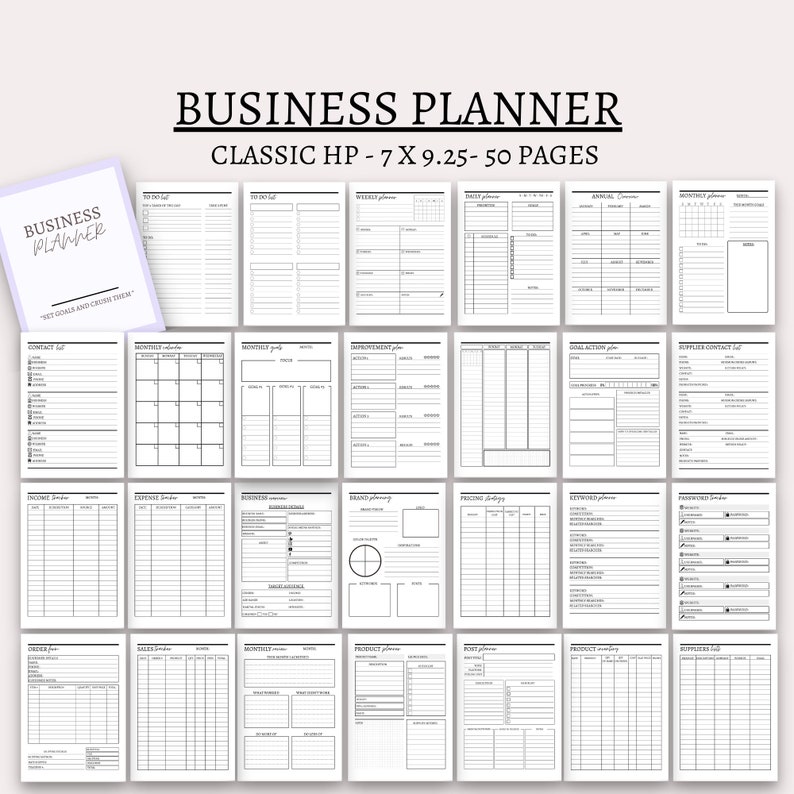 May include: A black and white business planner with 50 pages. The planner includes sections for contact lists, monthly calendars, income and expense tracking, goal setting, and more.