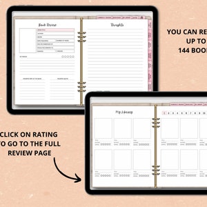 May include: A digital planner on a tablet screen with a book review section, a thoughts section, and a my library section. The planner allows you to review up to 144 books.