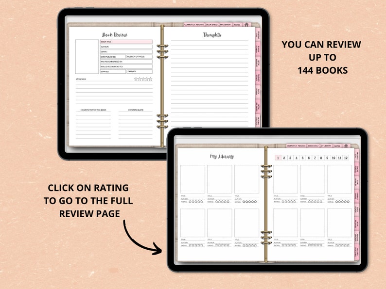 May include: A digital planner on a tablet screen with a book review section, a thoughts section, and a my library section. The planner allows you to review up to 144 books.