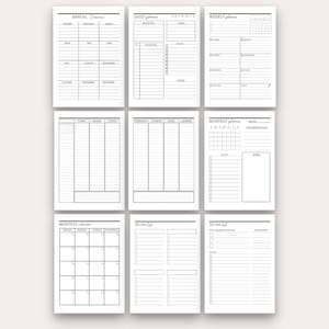 May include: A printable planner with pages for daily, weekly, and monthly planning. The planner includes sections for goals, to-do lists, notes, and schedules. The pages are black and white with a minimalist design.
