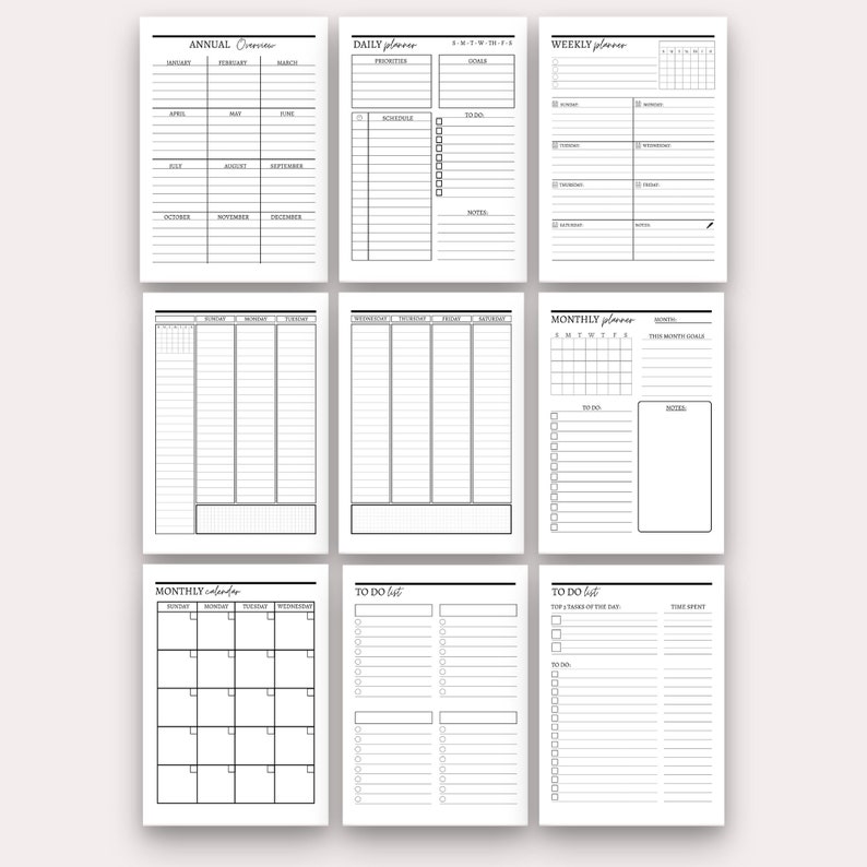 May include: A printable planner with pages for daily, weekly, and monthly planning. The planner includes sections for goals, to-do lists, notes, and schedules. The pages are black and white with a minimalist design.