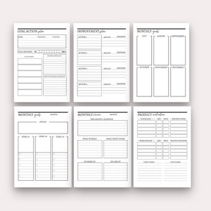 May include: A printable planner with black text on a white background. The planner includes sections for goal action plans, improvement plans, monthly goals, monthly reviews, and product evaluations.