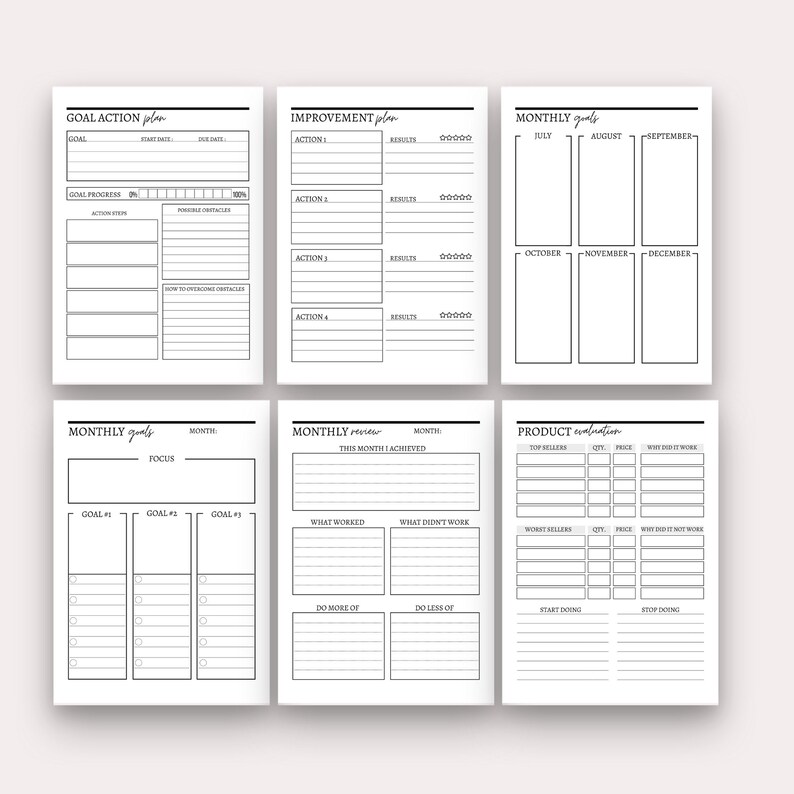 May include: A printable planner with black text on a white background. The planner includes sections for goal action plans, improvement plans, monthly goals, monthly reviews, and product evaluations.