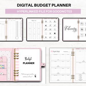 Pode incluir: Um planejador de orçamento digital rosa com um fichário de argolas dourado. O planejador tem uma página de capa com o texto "Budget Planner" e a citação "Determine suas prioridades e concentre-se nelas." O planejador inclui páginas para rastreadores mensais, um rastreador de orçamento anual e uma página de calendário de fevereiro.