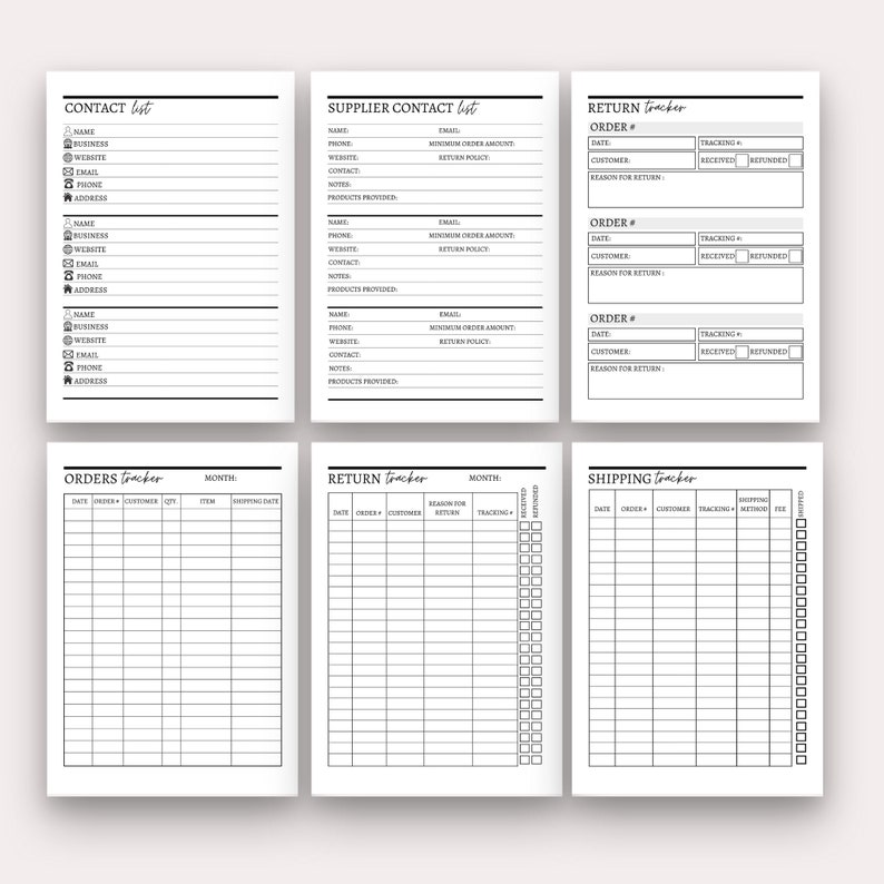 May include: Printable black and white planner pages for tracking orders, returns, and shipping. The pages include sections for date, customer, order number, tracking number, reason for return, shipping method, and more.