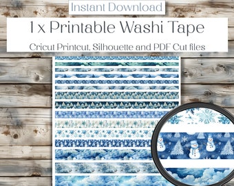 Printable Washi Tape Stickers | Blue Winter | Printable planner/journal stickers for journalling.  Great in Scrapbooking and cardmaking