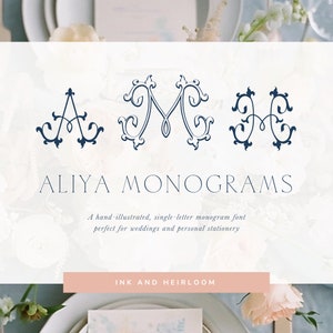May include: A white card with the text "ALIYA MONOGRAMS" in a dark blue font. The card also features three hand-drawn, single-letter monograms in dark blue: A, M, and E. The text "A hand-illustrated, single-letter monogram font perfect for weddings and personal stationery" is below the monograms. The text "INK AND HEIRLOOM" is at the bottom of the card.