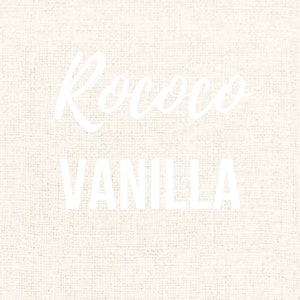 Puede incluir: Texto blanco sobre un fondo beige que dice "Rococo Vanilla".