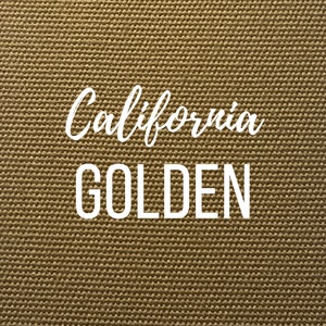 May include: A close-up of a brown canvas fabric with the text "California GOLDEN" printed in white.