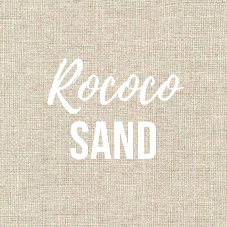 Puede incluir: Texto blanco sobre un fondo de lino beige que dice "Rococo Sand".