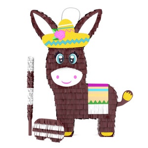 Donkey Pinata Bundle with a Blindfold and Bat ― Large Sized Pinata For Birthday Parties ― Hold Up to 5 lbs of Candy (16 x 11 x 4 inches)