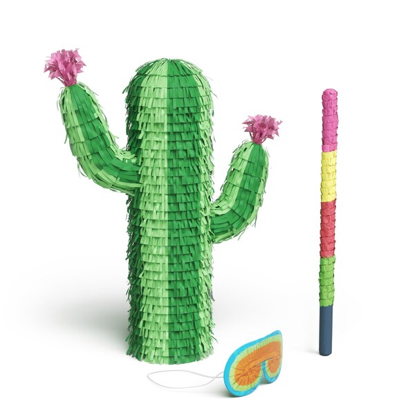 Cactus Piñata Bundle with a Blindfold and Bat ― Perfect Size That Holds Up to 5 lbs of Candy for Birthday Parties (15 x 11 x 3 Inches)