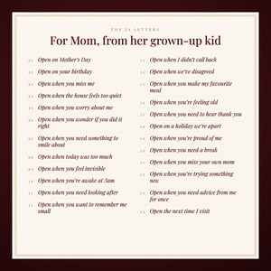 Pu&ograve; includere: Un cartoncino color crema intitolato The 24 Letters: For Mom, from her grown-up kid. Elenca 24 istruzioni numerate per lettere da aprire in occasioni specifiche, come Open on Mother's Day, Open when you miss me e Open the next time I visit.