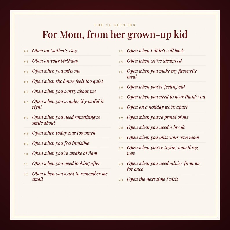 Pu&ograve; includere: Un cartoncino color crema intitolato The 24 Letters: For Mom, from her grown-up kid. Elenca 24 istruzioni numerate per lettere da aprire in occasioni specifiche, come Open on Mother's Day, Open when you miss me e Open the next time I visit.