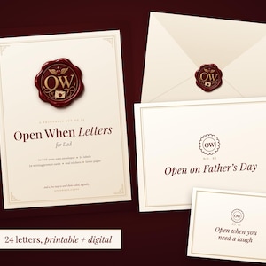 Op de afbeelding: Een printbare set Open When Letters voor papa met cr&egrave;mekleurig briefpapier, donkerrode tekst en accenten. De set bevat enveloppen, labels en kaarten met een waszegelafbeelding met de letters OW en een klein envelopicoontje.