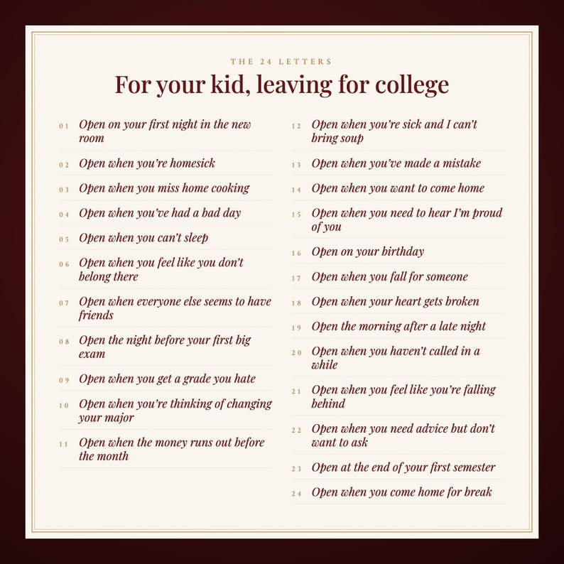 Pu&ograve; includere: Una carta color crema intitolata The 24 Letters For your kid, leaving for college, che presenta un elenco di 24 istruzioni numerate per aprire le buste, da Open on your first night in the new room a Open when you come home for break.