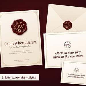 Pu&ograve; includere: Un set stampabile di lettere Open When per studenti con carta color crema, testo rosso scuro e un grafico a sigillo di ceralacca. Il set include buste, etichette e cartoncini con frasi come Open on your first night in the new room.