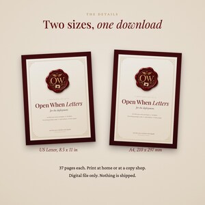 May include: A digital download set of Open When Letters for the deployment, featuring two printable sizes: US Letter 8.5 x 11 inches and A4 210 x 297 mm. Each document includes a red wax seal graphic with the letters OW and 37 pages of content.