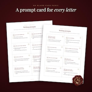 May include: Two white sheets of paper featuring writing prompts organized in a grid. The text includes headers like Writing prompts and specific scenarios such as Open when you miss home. A red wax seal with the letters OW is in the bottom corner.
