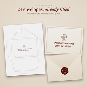 May include: A set of 24 printable envelopes with titles, including one blank envelope. The design features cream-coloured paper with dark red text and a circular logo. One envelope is shown folded and sealed with a dark red wax seal.
