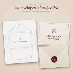 May include: A set of 24 envelopes with the text Fold your own, 24 envelopes, already titled, Plus one blank, for the letter you think of later. Includes a template with Open when you're exhausted and a card reading Open when you want to quit.