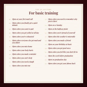 May include: A cream-colored rectangular card with dark brown text titled The 24 Letters For basic training. It lists 24 numbered prompts for opening letters, starting with Open at your first mail call and ending with Open when you get your phone back.