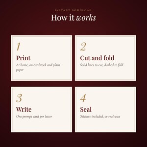 May include: A dark maroon instructional graphic titled How it works with four white rectangular boxes. Step 1: Print at home. Step 2: Cut and fold along solid and dashed lines. Step 3: Write on prompt cards. Step 4: Seal with stickers or wax.