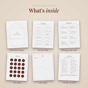 Pu&ograve; includere: Un set di 37 pagine stampabili con buste pre-intitolate, etichette per buste, schede con suggerimenti di scrittura, adesivi a forma di sigillo rosso scuro, carta da lettere a righe e una lista di controllo di 24 lettere.