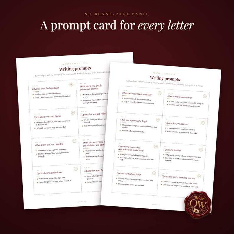 May include: Two white sheets of paper featuring writing prompts with the text NO BLANK-PAGE PANIC and A prompt card for every letter. Each sheet contains a grid of numbered boxes with specific writing instructions and questions.
