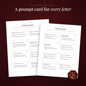 May include: Two white sheets of paper featuring writing prompts with dark red text. The header reads NO BLANK-PAGE PANIC and A prompt card for every letter. Each sheet contains a grid of numbered boxes with specific writing instructions.