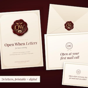 May include: A printable set of Open When Letters for basic training featuring cream-colored stationery with dark red text and a wax seal graphic. The set includes envelopes, labels, writing prompt cards, and letter paper with the OW logo.
