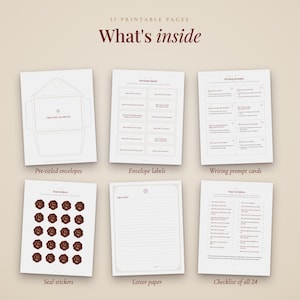 May include: A set of 37 printable pages featuring pre-titled envelopes, envelope labels, writing prompt cards, seal stickers with dark red wax designs, lined letter paper, and a checklist of 24 letters, all displayed on a light beige background.